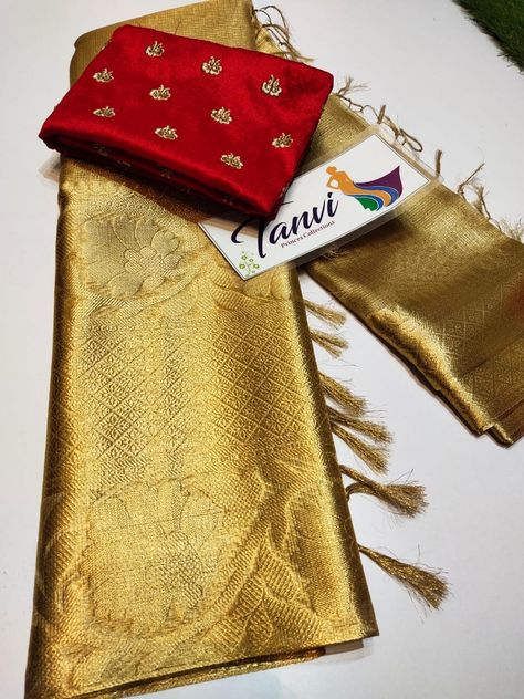 Gold Tissue Saree With Contrast Blouse, Gold Saree With Contrast Blouse, Golden Saree With Contrast Blouse, Gold Tissue Saree, Big Flower Design, Benarasi Blouse, Assam Silk Saree, Saree With Contrast Blouse, Unique Sarees