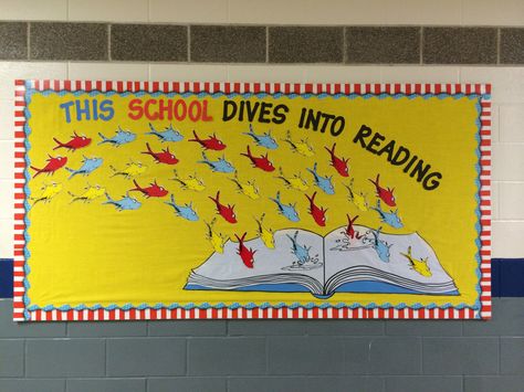 My husband helped me create this for my bulletin board that is on the outside of my classroom. I just love it! Dr Seuss Bulletin Board, Reading Bulletin Board, March Reading, Dr Seuss Classroom, School Library Displays, Library Bulletin Board, Reading Bulletin Boards, Seuss Classroom, Library Bulletin Boards