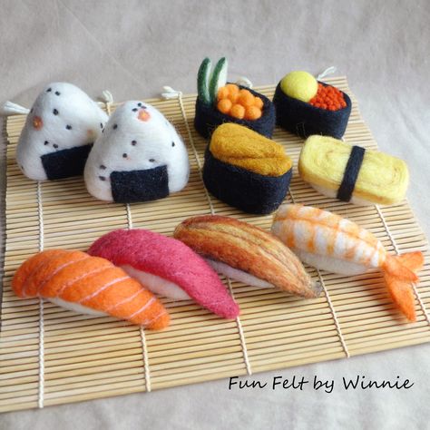 Custom made to order Plum onigiri and sushi Sushi Cakes, Felt Sushi, Felted Fruit, Sushi Costume, Felt Sculpture, Felt Food Diy, Needle Felting Diy, Felt Play Food, Wool Needle Felting