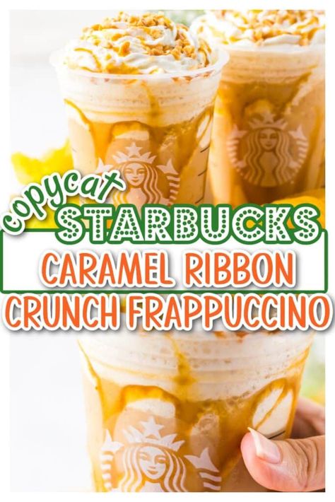 caramel ribbon crunch frappuccino, copycat starbucks, copycat starbucks caramel frappuccino, homemade starbucks, how to make starbucks at home, starbucks most ordered drink At Home Carmel Frappe, Starbucks Carmel Ribbon Crunch Frappe Recipe, Caramel Cappuccino Starbucks, Carmel Crunch Frapp, Carmel Ribbon Crunch Frappachino Recipe, Copycat Starbucks Caramel Ribbon Crunch, How To Make Caramel Frappe At Home, Carmel Ribbon Crunch Recipe, Caramel Ribbon Crunch Starbucks