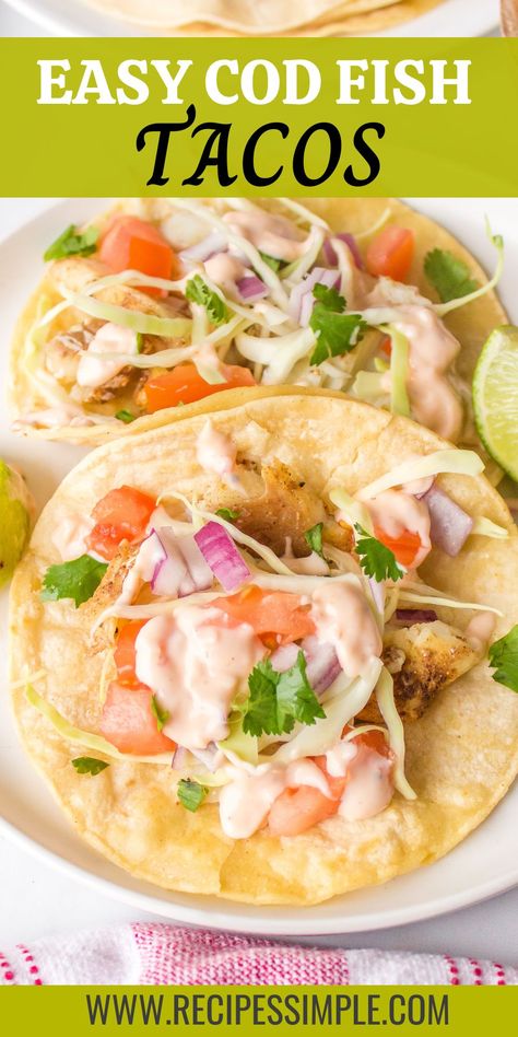 Easy fish tacos! These delicious Cod Fish Tacos are a fresh, flavorful, and easy-to-make meal with tender, flaky cod, spices, and a tangy lime sauce. Cod Fish Tacos Recipes, Fish Burrito, Creole Seafood Gumbo, Cod Fish Tacos, Fish Taco Sauce, Easy Fish Tacos, Seafood Gumbo, Fish Tacos Recipe, Simple Green Salad