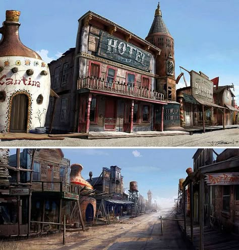 Rango concept art....... Click on image to enlarge..... Rango Movie Background, Rango Movie, Blur Studios, Environment Props, Bg Design, Western Town, Old Western, Frank Frazetta, Robot Concept