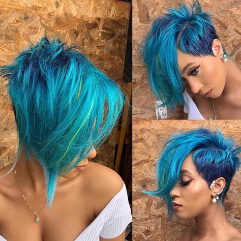 Pinkish Girl Hair™️ | Lit!🔥💨🔥💨 Short & Sassy!💙🦋🦋🦋🦋🦋🦋🦋 📸 @derickus 🔥 ••••••••••••••••••••••••••••••••••••• Follow us for hair dopeness @pinkishgirlhair | Instagram Short Hair Styles Dyed, Pixie Haircut With Shaved Sides, Stem Hairstyles, Hair Shaved On One Side, Half Shaved Hair Short, Asymetrical Haircut Edgy, Pixie Cut Styling, Short Funky Hairstyles, Short Punk Haircuts