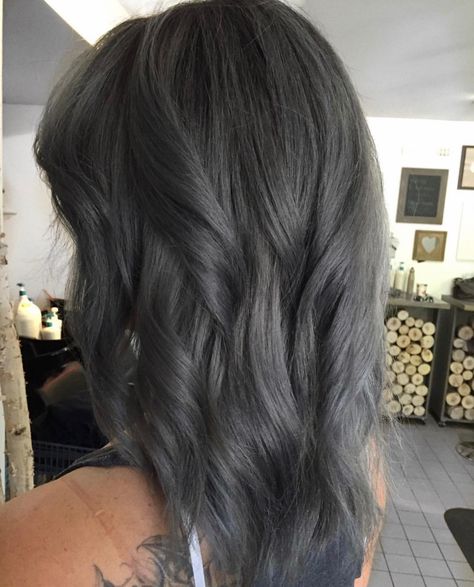 Dark Smokey Grey Hair, Dark Grey Hair Charcoal Short, Dark Gray Hair Color Ideas, Dark Grey Hair Charcoal, Dark Gray Hair Color, Smokey Grey Hair, Silver Pixie Hair, Deep Ash Brown Hair, Ashy Black Hair