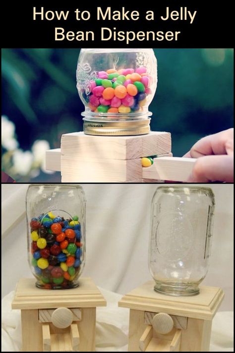 OK, so here’s a fun project you can make with your kids… a fun and cute jelly bean dispenser! Jelly Bean Dispenser, Dispenser Diy, Woodworking Plans Beginner, Wood Projects For Beginners, Wood Crafting Tools, Candy Dispenser, Woodworking For Kids, Do It Yourself Crafts, Jelly Bean