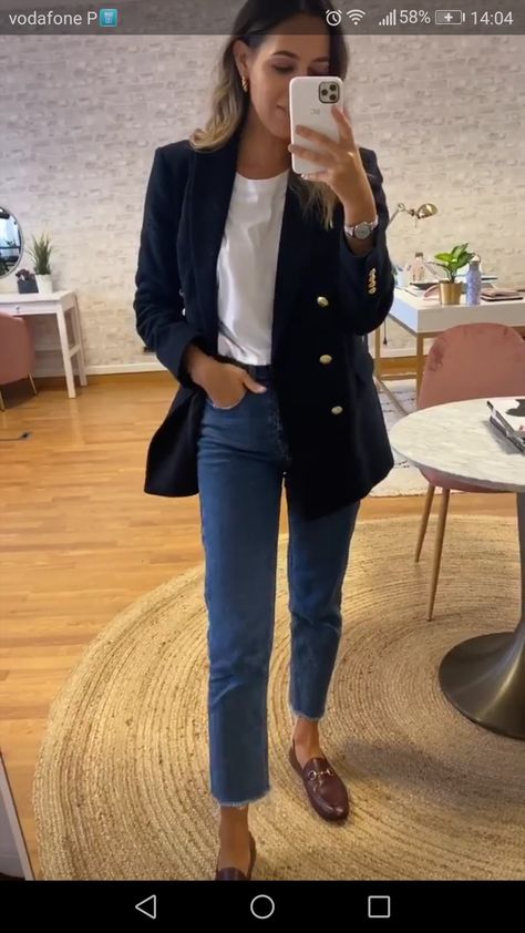 Navy Blue Jeans Outfit For Women, Navy Corduroy Blazer Outfit Women, Outfit With Navy Blue Blazer, Navy Blazer Jeans Outfit Women, Navy Wool Blazer Outfit Women, Styling Blue Blazer Women, Women Navy Blazer Outfit, Navy Linen Blazer Outfit Women, Navy Blazer Casual Outfit