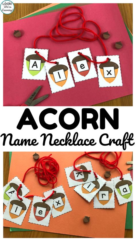 Turn learning to spell names into a fun fall activity with this easy Name Acorn Necklace Craft for kids! Squirrel Literacy Activities Preschool, Acorn Theme Preschool Activities, Squirrel Name Craft, November Name Activities Preschool, Fall Name Recognition Activities, Fall Preschool Name Activities, November Name Craft, Squirrel And Acorn Crafts Preschool, Preschool Acorn Crafts