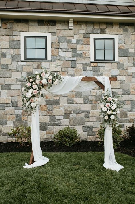 Wedding Arch Roses, Arch Decor For Wedding, Arch Floral Decor, Wedding Arch Drapery And Flowers, How To Make Arbor Flowers, Arbor Wedding Decorations, White Wedding Arbor Flowers, Classic Wedding Arbor, White Flower Arbor Wedding