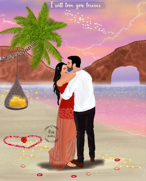 Beach Wedding Illustration, Beach Caricature, Couple On Beach, Couple Caricature, Couple Illustration Wedding, Wedding Caricature, Illustration Wedding, Wedding Illustration, Romantic Beach