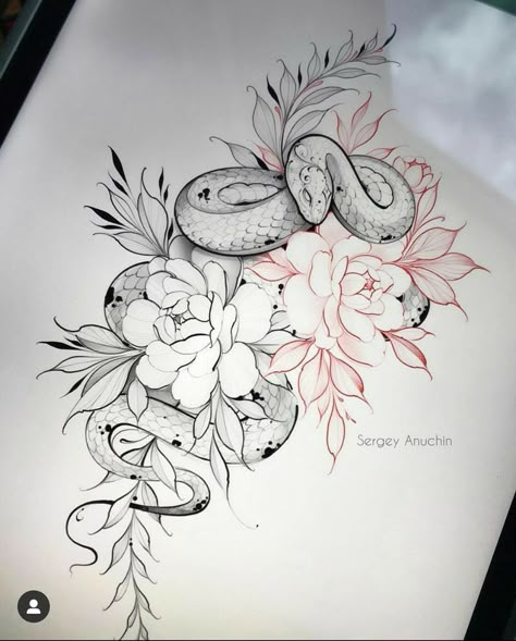 Snake And Flowers Tattoo, Snake And Flowers, Feminine Tattoo Designs, Feminine Nature, Cobra Tattoo, Catrina Tattoo, Flower Tattoo Drawings, Snake Tattoo Design, Hip Tattoos Women