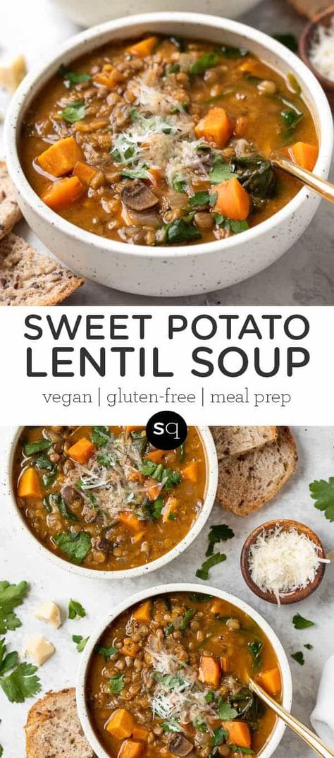 Potato Lentil Soup, Sweet Potato Lentil Soup, Sweet Potato Soup Recipes, Mexican Flavors, Plant Based Soups, Vegan Lentil Soup, Simply Quinoa, Lentil Soup Recipes, Vegan Soup Recipes