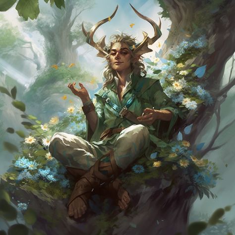 The Feywild, Dnd Feywild Character, Spring Character Design, Feywild Aesthetic Dnd, Archfey Art, Feywild Art, Dnd Summer Eladrin, Dnd Fey Character, Druid Character Design Male