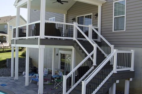 Steps Second Floor Covered Deck Ideas, Second Floor Deck With Roof, Deck With Steps Down To Patio, Elevated Covered Deck, Deck Off Back Of House Second Floor, High Deck Ideas, Deck Walkout Basement, Second Floor Deck Ideas, Patio Under Decks