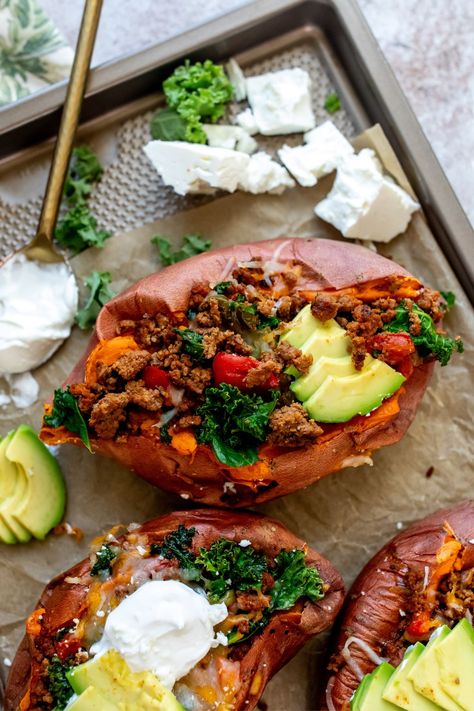 Ground Beef Stuffed Sweet Potatoes - Sailor Bailey Beef Stuffed Sweet Potato, Hellofresh Vegetarian, Sailor Bailey, Stuffed Sweet Potato, Sweet Potato Recipe, Stuffed Sweet Potatoes, Dinner With Ground Beef, Ground Beef Recipes For Dinner, Pregnancy Food