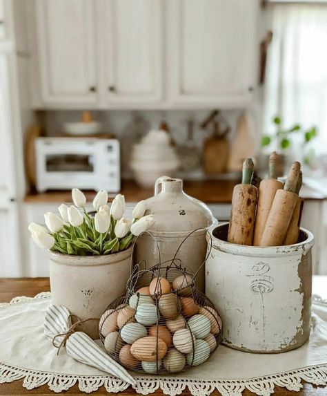 Crock Decor, Easter Kitchen Decor, Country Deco, Vintage Crock, Counter Decor, Farmhouse Interior, Spring Easter Decor, Vintage Spring, French Farmhouse