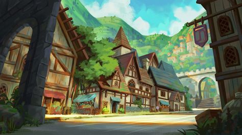 ArtStation - Medieval Fantasy Land - Background 1 , Diep Bui Fantasy Village, Environment Painting, Fantasy Town, Concept Art Tutorial, Fantasy Land, Fantasy Background, Landscape Concept, Fantasy City, Fantasy Places