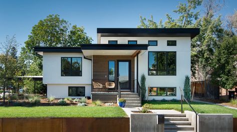 Split Level Modern Exterior, Updating A Split Level Home Exterior, Split Level House Additions Ideas, Bi Level Remodel Exterior, Tri Level Remodel Exterior, Raised Bungalow Exterior, Bi Level Remodel, Modern Split Level Exterior, Updated Split Level Exterior