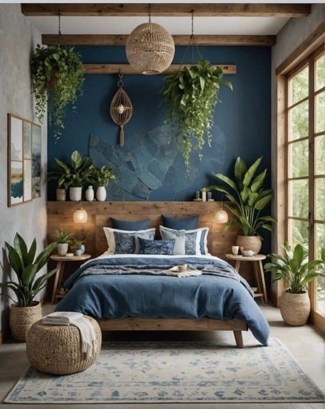 Blue Green Bedrooms, Stil Boho, Cozy Room Decor, Bedroom Refresh, Bedroom Green, Blue Bedroom, Master Bedrooms Decor, New Bedroom, Bedroom Styles