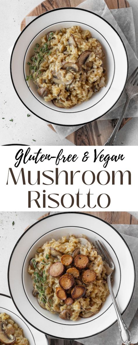 Vegan mushroom risotto is super creamy and full of flavor! This dairy free risotto is topped with delicious seared vegan scallops. #risotto #mushroomrisotto #vegansidedish #holidaysidedish Gluten Free Mushroom Risotto, Dairy Free Mushroom Risotto, Gf Df Risotto, Rissoto Recipes Dairy Free, Risotto Recipes Non Dairy, Gluten Free Risotto, Risotto Dairy Free, Gluten Free Risotto Recipes, Oyster Mushroom Risotto