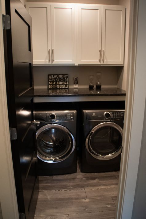 Lake DuBay Multiple Story Condo - Industrial - Industrial - Laundry Room - Other - by Blenker Construction | Houzz Laundry Room Grey Washer And Dryer, Black Washer And Dryer Laundry Room Ideas, Black Laundry Room, Modern Farmhouse Laundry Room, Industrial Laundry, Black Laundry, Poolhouse Bar, Countertops Ideas, Custom Laundry Room