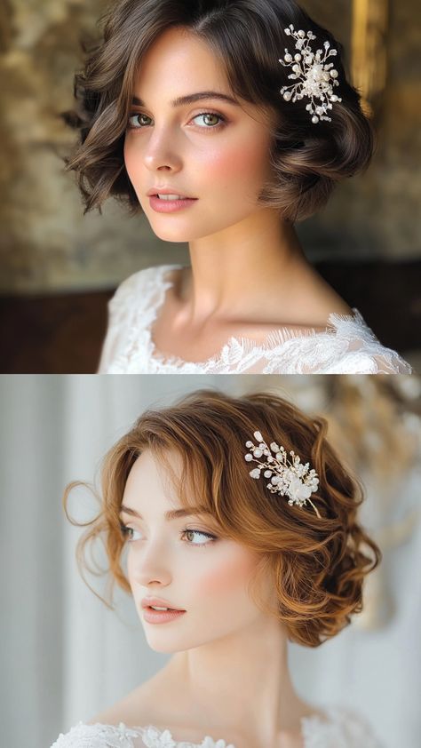 Elegant short hair wedding hairstyle featuring soft curls and a delicate hair accessory, perfect for a chic bridal look Wedding Hair Chin Length, Short Brunette Wedding Hair, Flowers In Short Hair, Bridgerton Hairstyles Short Hair, Wedding Hair Styles Short Hair, Short Hair With Flowers, Bride Hairstyles Short, Short Hair For Bride, Short Hair Wedding Ideas