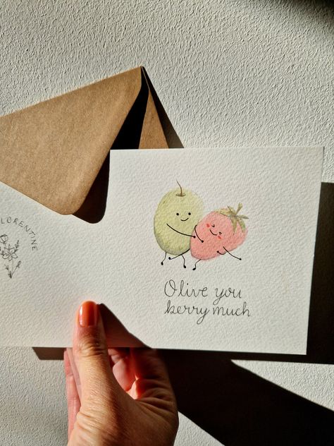 Olive You Berry Much - Valentines Day Card Romantic Anniversary Gift Foodie Strawberry Valentines Day Envelope Art, Card Ideas Anniversary, Homemade Anniversary Cards, Diy Anniversary Cards, Punny Cards, Butterfly Birthday Cards, Romantic Anniversary Gifts, Watercolour Card, Watercolor Birthday Cards