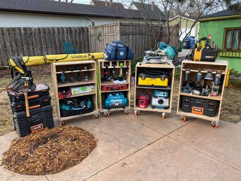 Power Tool Cart, Mobile Tool Storage Ideas, Diy Tool Cart, Tool Cart Ideas, Plywood Crafts, Mobile Tool Storage, Mobile Tool Cart, Warehouse Organization, Guitar Storage