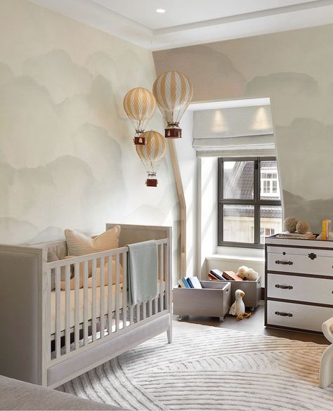 Hot Air Balloon Nursery Theme, Twin Nursery Room, Luxury Baby Nursery, Luxury Baby Room, Laura Hammett, Luxury Nursery, Architecture Design Studio, Hot Air Balloon Nursery, Baby Boy Room Decor