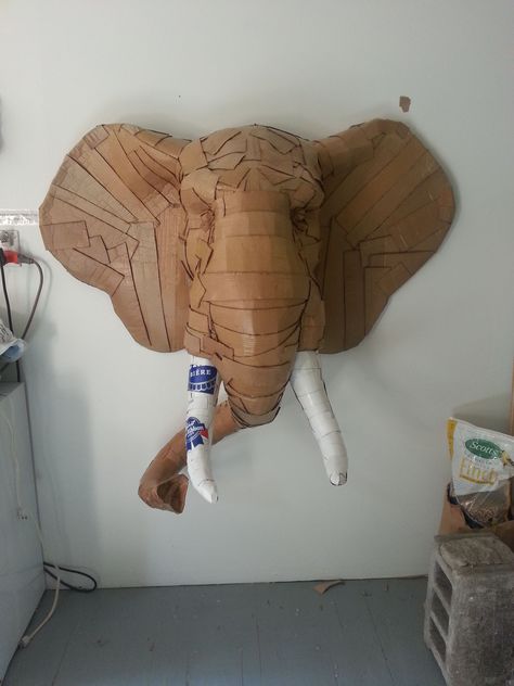 Pabst Elephant. Photo taken in the studio. Laurence Vallieres, Card Sculpture, Cardboard Sculptures, Willow Sculpture, Cardboard Art Sculpture, Cardboard Animals, Cardboard Mask, Paper Mache Animals, Animal Mask