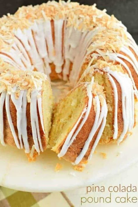 Pina Colada Cake Recipe Easy, Pina Colada Cake Recipe From Scratch, Pina Colada Pound Cake Recipe, Pina Colada Bundt Cake, Pineapple Pound Cake, Coconut Glaze, Easy Pound Cake, Pina Colada Cake, Coconut Pound Cakes