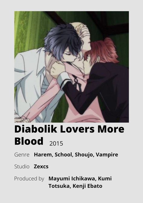 Diabolik Lovers More Blood Anime Minimalist poster 😊 Information taken from myanimelist.net and wikipedia.org Best Romance Anime Series, Romance Anime Art, Anime Romance Movie, Romance Anime List, Maid Sama Manga, Anime Minimalist Poster, Poster Information, Best Romance Anime, Anime Suggestions