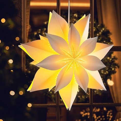 EANLOLY LED Paper Star Lanterns with Lights, 3D Hanging Star Christmas Lights, Light up Star Decorations, White Ø 45 cm - Amazon.com Battery Powered Christmas Lights, Christmas Window Lights, Star Christmas Lights, Paper Star Lanterns, Star Lampshade, Chic Christmas Decor, Lantern Christmas, Star Lanterns, Unique Christmas Decorations