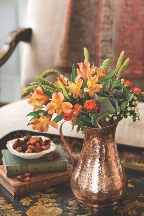 Copper Pitcher Decor, Copper Containers, Dish Photography, Everyday Centerpiece, Copper Pitcher, Raindrops And Roses, Victoria Magazine, Copper Vase, Copper Highlights