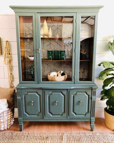 31 Beautiful Repurposed China Cabinets Ideas You Should See Unique China Cabinet, Maximalist China Cabinet, Wallpaper In China Cabinet, China Cabinet In Living Room Ideas, Diy China Cabinet Makeover Ideas, Modern China Cabinet Makeover, China Cabinet In Kitchen, Painted Curio Cabinet Ideas, China Hutch Repurposed