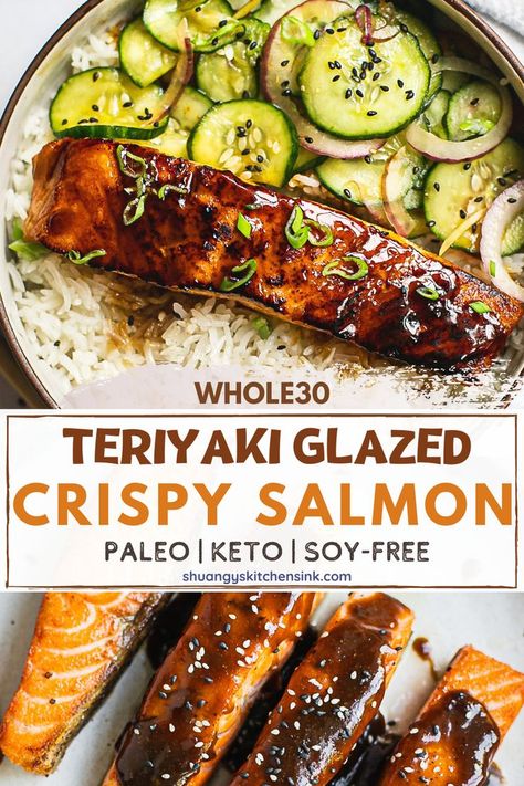 Crispy teriyaki glazed salmon coated in a sweet and sticky sauce Crispy Teriyaki Salmon, Keto Teriyaki Salmon, Paleo Recipes Fish, Salmon Whole 30, Teriyaki Salmon Baked, Whole 30 Salmon, Paleo Salmon Recipes, Gluten Free Salmon Recipes, Celiac Meals