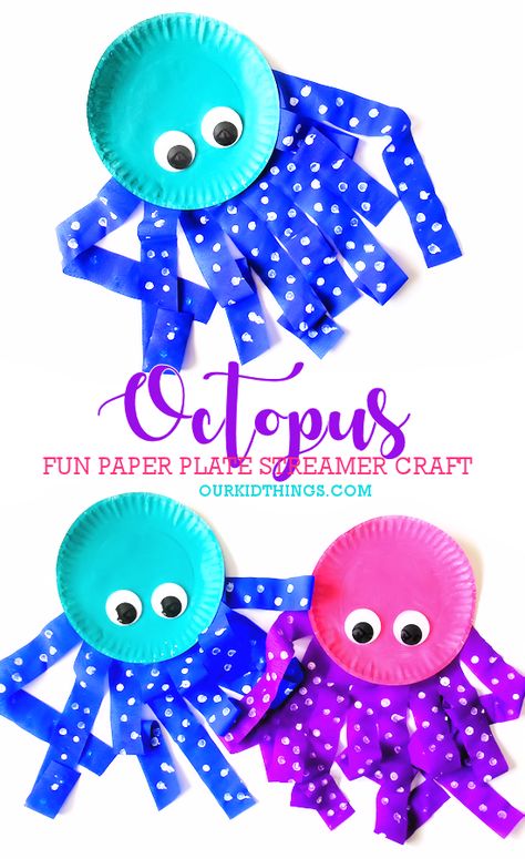 Paper Plate Octopus Streamer Craft Octopus Paper Plate Craft, Streamer Crafts, Paper Plate Octopus, Octopus Crafts, Craft Summer, Cardboard Crafts Kids, Fingerprint Crafts, Paper Plate Crafts For Kids, Crepe Paper Streamers