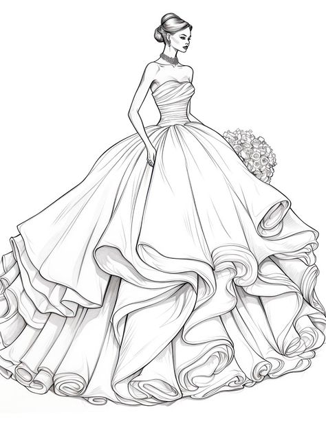 Princess Dress Drawing, Baju Kahwin, Gown Drawing, Fashion Coloring Book, Fashion Illustration Collage, Fashion Illustrations Techniques, Fashion Drawing Sketches, Fashion Design Sketch, Fashion Drawing Tutorial