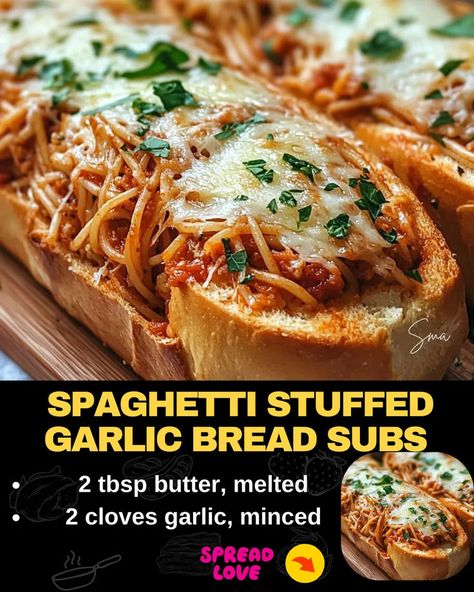 Spaghetti Stuffed Garlic Bread Subs Spaghetti Stuffed Garlic Bread, Stuffed Garlic Bread, Baked Meatloaf, Mexican Casserole Recipe, Meat Lovers Pizza, Chicken Parmesan Pasta, Chicken Pasta Bake, Pizza Casserole, Parmesan Pasta