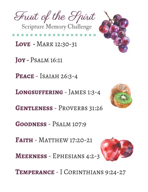 Fruit of the Spirit Scripture Memory Printable Fruit Of The Spirit Scripture, Fruits Of The Spirit Printable, Fruit Of The Spirit Printable, Psalm 16:11, Fruits Of The Spirit, Scripture Writing, Squash Seeds, Printable Scripture, Biblical Womanhood