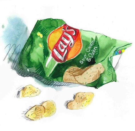 Drawing Bag, Food Painting, Painting Art Lesson, Food Table, Chip Bags, Watercolor Drawing, Design Sketch, Chip Bag, Art Lessons