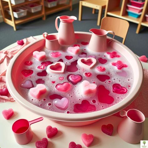 𝐕𝐚𝐥𝐞𝐧𝐭𝐢𝐧𝐞'𝐬 𝐓𝐡𝐞𝐦𝐞𝐝 𝐖𝐚𝐭𝐞𝐫 𝐏𝐥𝐚𝐲 💦❤️ Valentines Messy Play Ideas, Colour Exploration, Playbased Learning, Pink Food Coloring, Fine Motor Skills Development, Valentine Theme, Painted Hearts, Valentine Coloring, Pink Foods