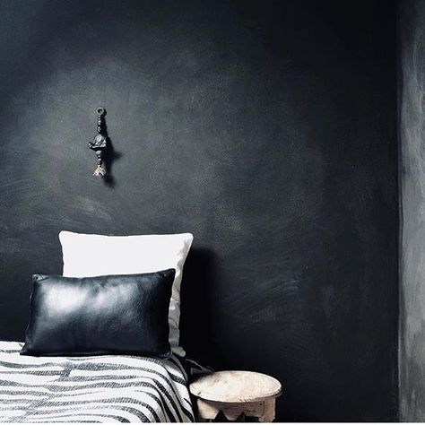 Black Limewash, Scandinavian Inspired Bedroom, Modern Rustic Bedroom, Basement Guest Room, Stucco Paint, Lime Wash Walls, Limewash Walls, Modern Rustic Bedrooms, Downtown Loft