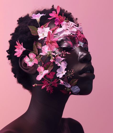 #blackwoman #flower #paintface Flower Photoshoot Aesthetic, 70’s Makeup, Afrofuturism Fashion, People And Flowers, Fem Aesthetic, Brown Aesthetics, Body Flowers, Punch Needle Art, Afro Futurism