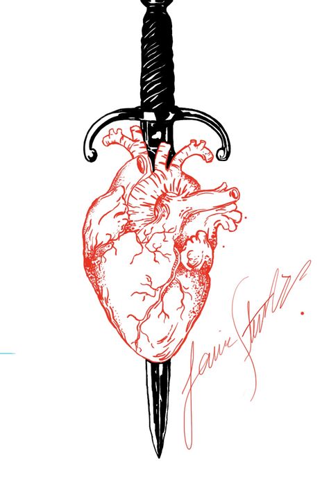 Break Free Tattoo, Knife Going Through Heart Tattoo, Knife With Hearts Tattoo, Knife Through Heart, Heart Swords Tattoo Ideas, Tarot Card Heart Swords Tattoo, Dagger Through Heart Tattoo, Heart Dagger Tattoo, Blood Tattoo