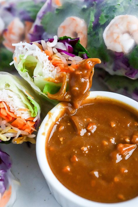 Shrimp Rice Paper Rolls Recipe With Easy Peanut Sauce Shrimp Rolls Rice Paper, Peanut Sauce Recipe For Spring Rolls, Shrimp Rice Paper Rolls, Recipe For Spring Rolls, Rice Paper Rolls Recipe, Vietnamese Peanut Sauce, Rolls Rice Paper, Rice Paper Rolls Recipes, Shrimp Summer Rolls