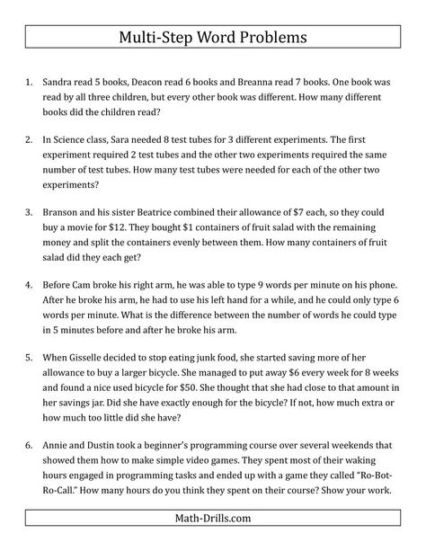 The Easy Multi-Step Word Problems Math Worksheet Word Problems 3rd Grade, Decimal Word Problems, Money Word Problems, Multi Step Word Problems, Multiplication Word Problems, Addition Words, Fraction Word Problems, Division Word Problems, Math Drills