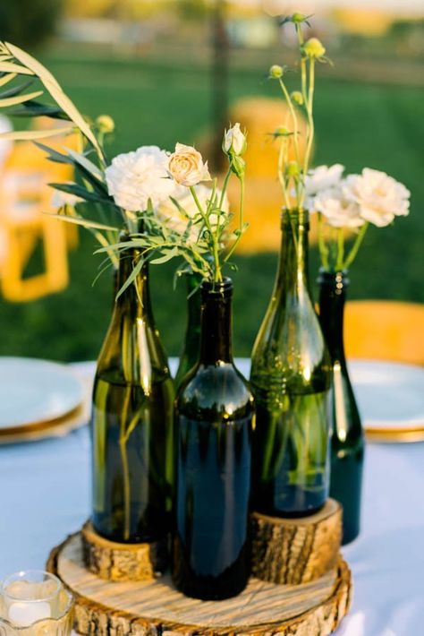 DIY embellished bottles | Autumn Cutaia Photography                                                                                                                                                      More Centerpieces For 50th Birthday Party, Vase Alternatives, Wine Bottle Centerpieces, Wedding Decorating, Romantic Wedding Receptions, Bottle Centerpieces, Reception Tablescapes, Wedding Tablescape, Sustainable Wedding