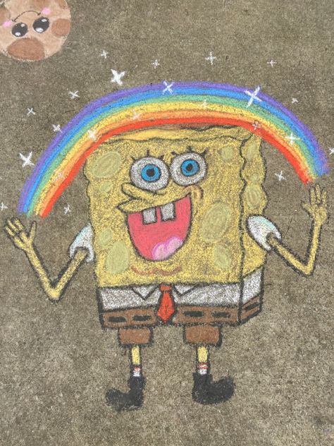 Spongebob Side walk chalk art Summer goals Spongebob Sidewalk Chalk, Chalk Ideas Spongebob, Spongebob Chalk Art Easy, Chalk Spongebob, Spongebob Chalk Art, Chalk Art Summer, Chalk Doodles, Art Spongebob, Street Chalk Art