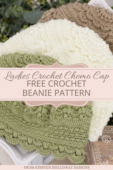 Crochet chemo cap, free crochet pattern for women who love flowers. This crochet pattern features textured stitches and floral accents, and comes in one size to fit women. Crochet it in one color, or many! Find this free crochet pattern idea for your next project on Kirsten Holloway Designs. Crochet Chemo Cap, Crochet Hats Free Pattern Ladies, Chemo Caps Pattern, Beanie Hat Crochet Pattern, Beanie Pattern Free, Crochet Beanie Pattern Free, Hat Patterns Free, Crochet Hat Free, Cap Patterns