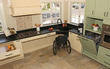 Space under the corner sink and cabinets accommodates a wheelchair, while the slightly raised dishwasher makes loading and unloading dishes easier for everyone.  (Cabinets by Design) Accessible Home, Accessibility Design, Accessible House, Accessible Kitchen, Accessible Bathroom, Wheelchair Friendly, Wheelchair Accessible, Kitchen Cabinet Design, Traditional Kitchen